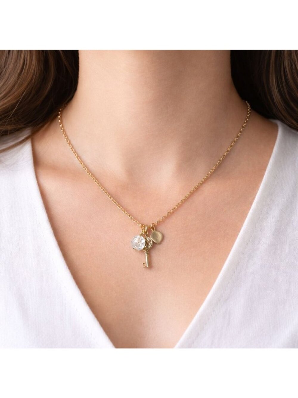 Lia Sophia Gold Tone Key Necklace Clear Charm Vintage Inspired Jewelry 16-19"